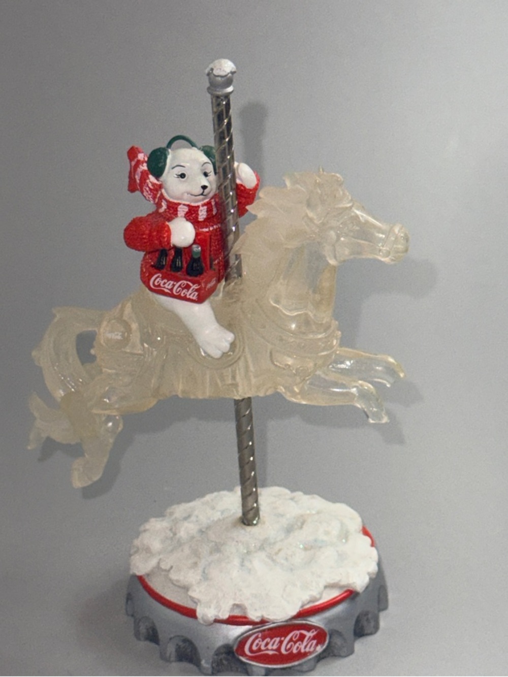 Coca Cola Red & White Polar Bear on Clear Carousel Horse Figurine Beary Go Round
